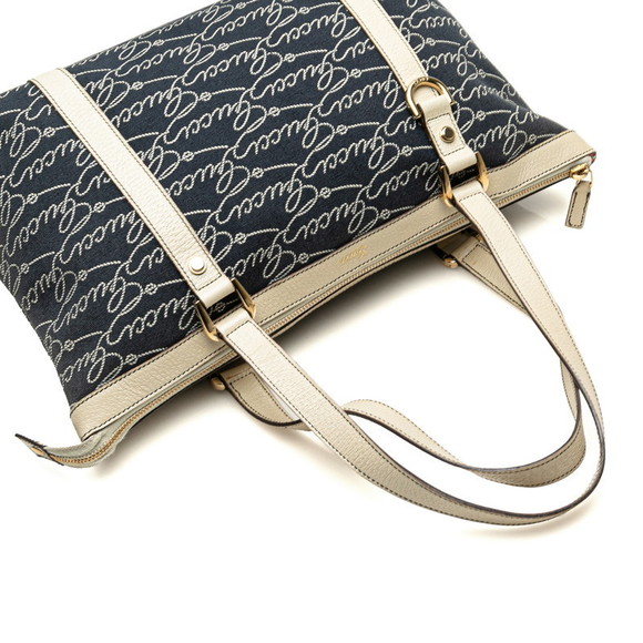 Gucci Abbey Logo Tote Bag Navy Blue Beige Canvas Leather - Picture 4 of 8